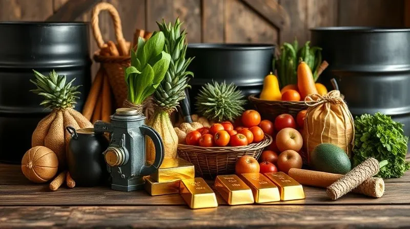 A photorealistic, professional photography image of a diverse array of physical commodities – glistening gold bars, crude oil barrels, and fresh agricultural produce – arranged on a rustic wooden table, symbolizing real asset diversification against inflation, cinematic lighting, sharp focus on the textures, depth of field blurring the background, 8K hyper-detailed.