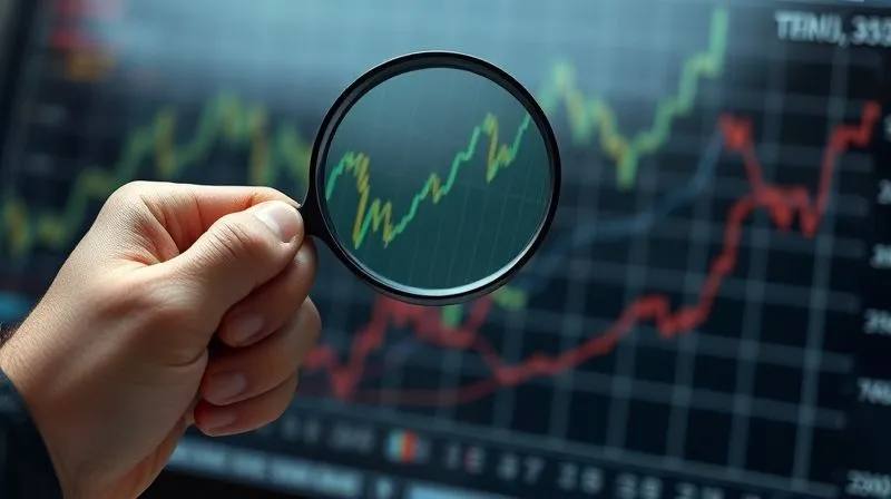 A photorealistic, professional photography image of a magnifying glass hovering over a complex financial chart with upward-trending lines, held by a hand in a well-tailored suit, symbolizing meticulous monitoring and expert analysis of market trends, cinematic lighting, sharp focus on the chart, depth of field blurring the background, 8K hyper-detailed.
