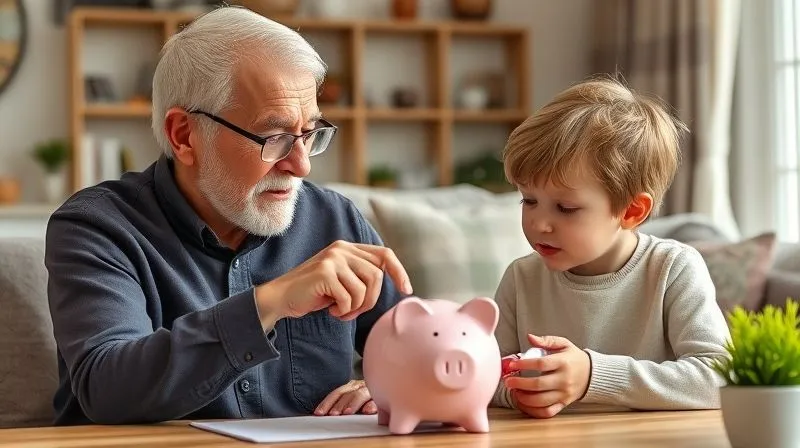 A photorealistic image of a wise grandparent patiently teaching a young child about money using a piggy bank and a simple ledger, warm home environment, natural light, 8K hyper-detailed, professional photography.