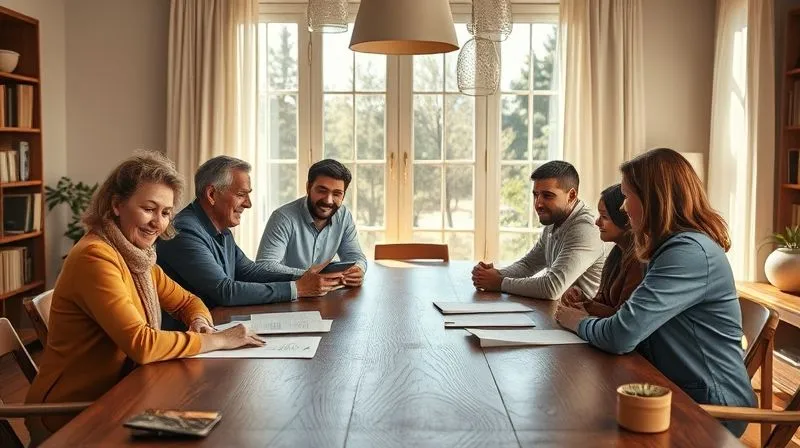 A photorealistic image of a diverse family (parents, adult children) gathered around a large wooden table in a well-lit study, engaged in an open, honest discussion, perhaps with some financial documents subtly visible, conveying trust and transparency, 8K professional photography, cinematic lighting.