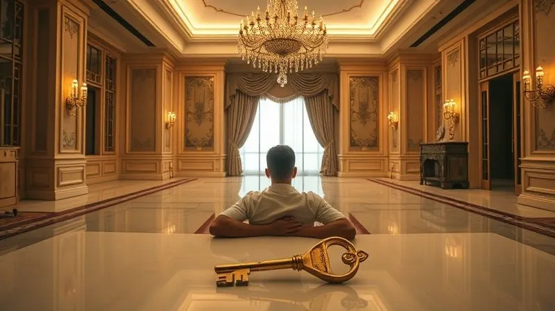 A photorealistic image depicting a person sitting alone in a luxurious, yet empty room, looking overwhelmed and thoughtful, perhaps with a single, large key on a table, conveying the psychological weight of sudden wealth, dramatic lighting, 8K sharp focus, professional photography.