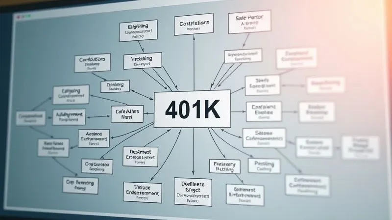 A photorealistic, professional photography image of a complex, interconnected flowchart illustrating the various elements of 401k plan design and their interdependencies. Labels like 'Eligibility', 'Vesting', 'Contributions', 'Safe Harbor', and 'Auto-Enrollment' are clearly visible, with lines and arrows showing how they affect each other. The visual is clean, professional, and uses a subtle color palette. Cinematic lighting, sharp focus on the flowchart, depth of field blurring the background, 8K hyper-detailed, shot on a high-end DSLR.