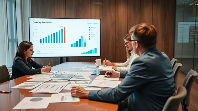 A photorealistic, professional photography image depicting a diverse team of financial professionals collaborating around a large conference table, reviewing financial documents and digital data on a screen. One person is pointing to a chart, indicating strategic discussion and problem-solving. The atmosphere is serious yet collaborative. Cinematic lighting, sharp focus on the team and documents, depth of field blurring the background, 8K hyper-detailed, shot on a high-end DSLR.