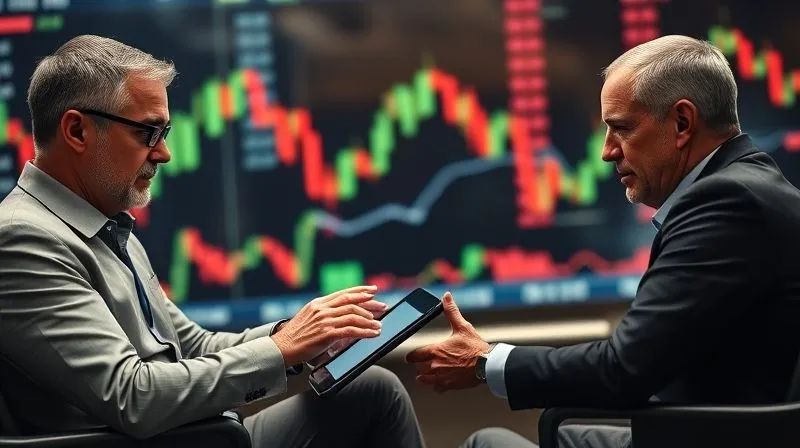 A photorealistic, professional photography, 8K, cinematic lighting, sharp focus, depth of field, shot on a high-end DSLR, depicting a calm, composed financial advisor sitting across from a concerned client, both looking at a tablet displaying financial data, with the advisor's hand gently reassuring the client, against a background of blurred, turbulent stock market charts, symbolizing guidance during market uncertainty.
