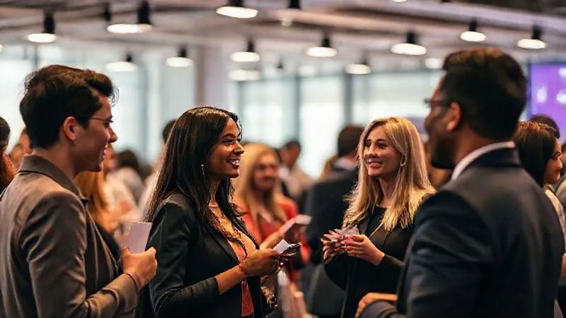 A diverse group of professionals actively networking at a modern, well-lit event, exchanging business cards and engaged in conversation. The atmosphere is dynamic and hopeful. photorealistic, professional photography, 8K, cinematic lighting, sharp focus on the interactions, depth of field, shot on a high-end DSLR.