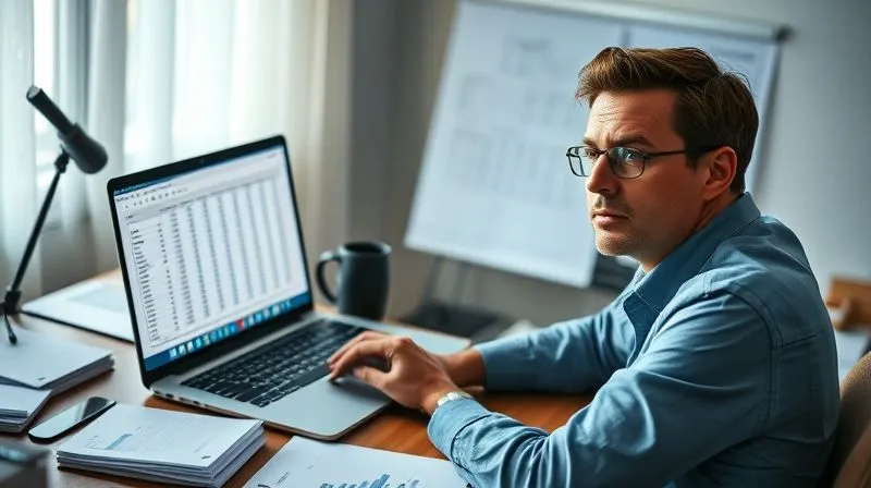 photorealistic, professional photography, 8K, cinematic lighting, sharp focus, depth of field, shot on a high-end DSLR. A person, looking determined, sits at a desk with a laptop displaying a complex budget spreadsheet, surrounded by organized financial documents. The lighting is focused on the person and the screen, highlighting their concentration on financial assessment.