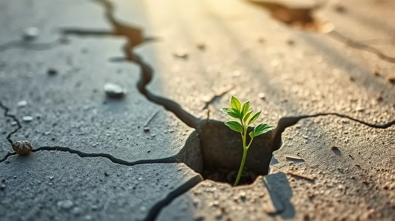 photorealistic, professional photography, 8K, cinematic lighting, sharp focus, depth of field, shot on a high-end DSLR. A small, vibrant green sapling growing defiantly from a crack in barren concrete, with rays of hopeful sunlight illuminating it. The image symbolizes resilience, growth, and the successful establishment of a new foundation after hardship.