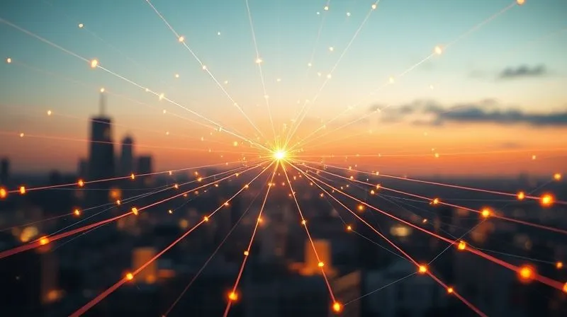 photorealistic, professional photography, 8K, cinematic lighting, sharp focus, depth of field, shot on a high-end DSLR. A complex, interconnected network of glowing digital lines and nodes, spreading outwards from a central point, symbolizing diversified income streams and robust financial growth. The background is a subtly blurred cityscape at dawn, suggesting opportunity.