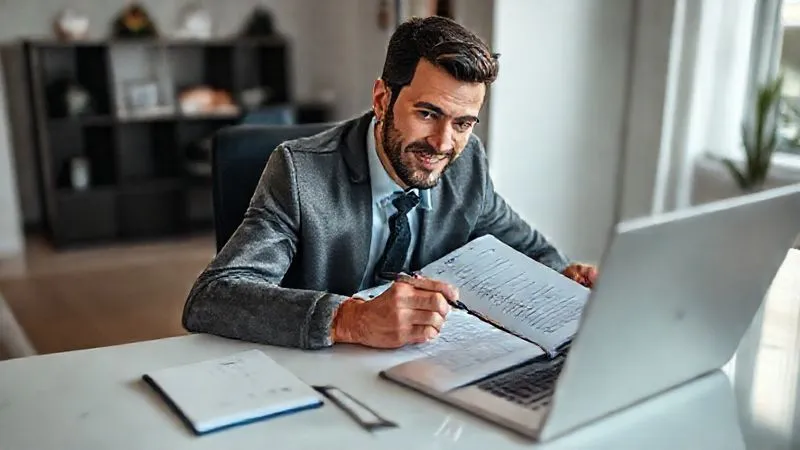 Photorealistic, professional photography, 8K, cinematic lighting, sharp focus, depth of field, shot on a high-end DSLR. A well-dressed professional, looking focused and determined, sitting at a modern desk with a laptop open to a budgeting app. They are holding a pen, making notes in a financial planner, with a subtle smile of accomplishment. The background is a clean, minimalist home office.