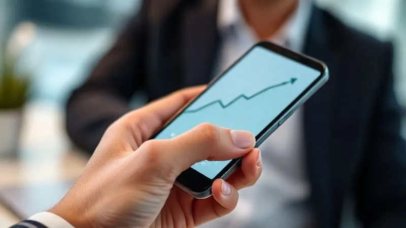A close-up, photorealistic shot of a hand holding a smartphone, displaying a mobile banking app interface with a clear, upward-trending graph representing a credit score or financial growth. The background is softly blurred, suggesting a professional, modern office environment. Cinematic lighting, sharp focus on the phone screen and hand. 8K, professional photography, depth of field.