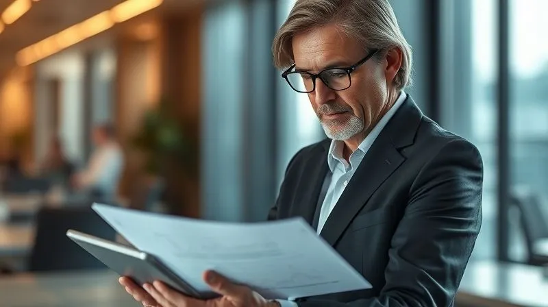 A photorealistic image of a professional, mid-40s, looking intently at a complex legal document on a tablet, with a subtle overlay of abstract financial graphs and a blurred background of a modern, high-stakes office environment. Cinematic lighting, sharp focus on the professional's face and tablet, depth of field. 8K, shot on a high-end DSLR.