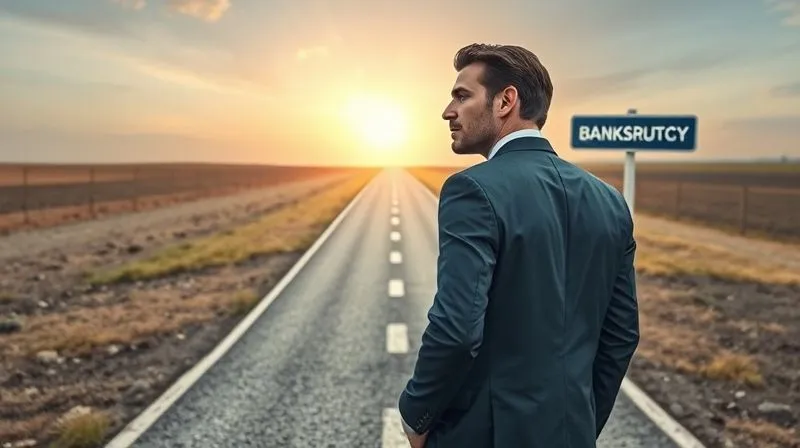 A photorealistic, professional photography shot of a professional standing at a crossroads, one path clearly marked 'Tax Resolution' leading towards a bright, organized future, and another, less distinct path, 'Bankruptcy', leading into a more shadowed, uncertain landscape. The professional is looking thoughtfully down the 'Tax Resolution' path with a determined expression. Cinematic lighting, sharp focus on the professional, depth of field. 8K, shot on a high-end DSLR.