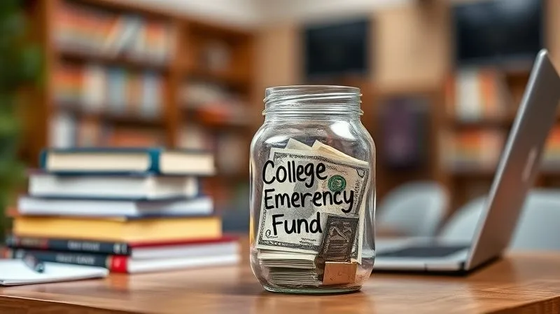 A photorealistic image of a stack of textbooks and a laptop on a desk, with a clear glass jar labeled 'College Emergency Fund' filled with cash prominently in the foreground. The background is a blurred college campus setting. Professional photography, 8K, cinematic lighting, sharp focus.