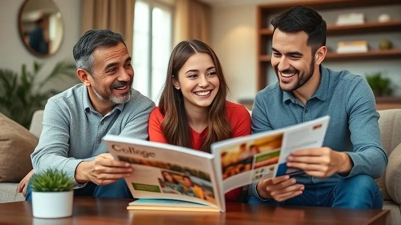 A photorealistic, warm image of a diverse family (parents and a young adult daughter) smiling while looking at a college brochure on a coffee table. The daughter has a thoughtful, excited expression. The scene is set in a comfortable living room, suggesting planning and future aspirations. 8K, cinematic lighting, sharp focus, depth of field.