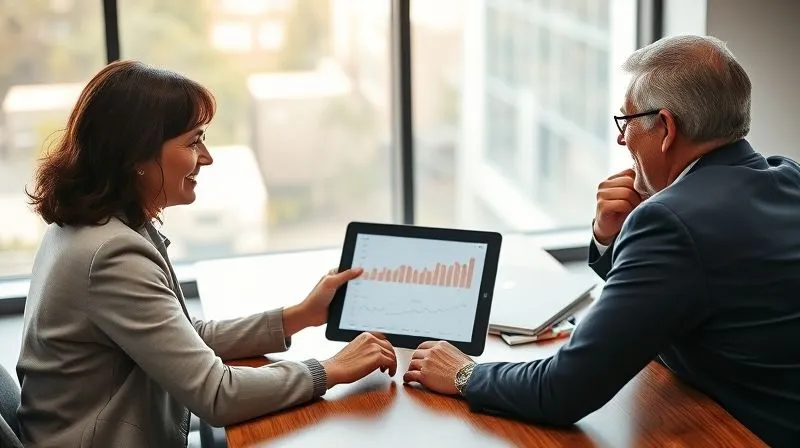 A photorealistic, professional image of a financial advisor (diverse, mid-career professional) sitting across a desk from a couple (parents), pointing to a tablet screen displaying financial charts. The atmosphere is collaborative and reassuring, with natural light filling the modern office. 8K, cinematic lighting, sharp focus, depth of field.