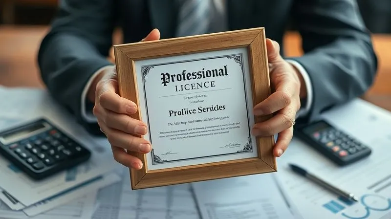 A photorealistic, professional photography, 8K, cinematic lighting, sharp focus, depth of field, shot on a high-end DSLR of a worried professional's hands holding a framed professional license, with a blurred background of scattered legal papers and a calculator, reflecting concern and uncertainty about their career amidst financial turmoil.