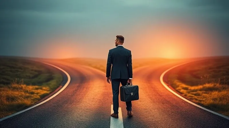 A photorealistic, professional photography, 8K, cinematic lighting, sharp focus, depth of field, shot on a high-end DSLR of a professional figure standing at a crossroads, with two distinct, well-lit paths diverging into the distance. One path is subtly marked "Chapter 7" and the other "Chapter 13", symbolizing a critical decision point in their financial journey. The figure looks thoughtful and determined, with a briefcase at their feet, suggesting weighty choices and strategic planning.