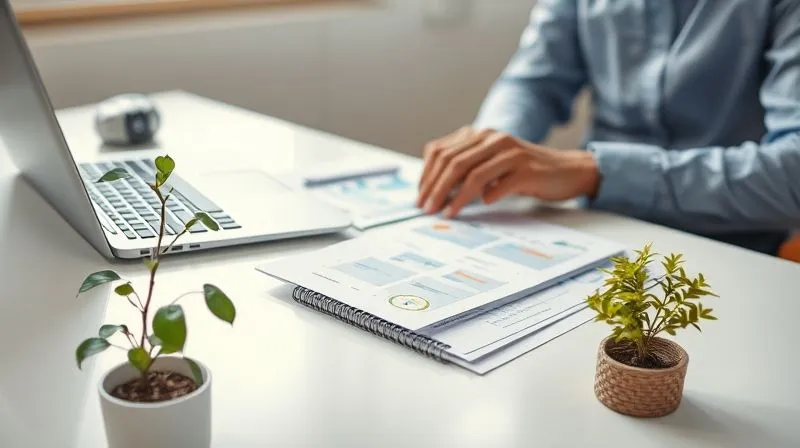 A photorealistic, professional photography, 8K, cinematic lighting, sharp focus, depth of field, shot on a high-end DSLR of a person meticulously organizing financial documents and a laptop on a brightly lit, minimalist desk. A small, thriving green plant sits nearby, symbolizing growth and renewal. The scene conveys a sense of calm, focused rebuilding and strategic future planning after a period of financial difficulty.