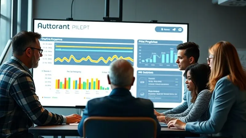 photorealistic, professional photography, 8K, cinematic lighting, sharp focus, depth of field, shot on a high-end DSLR. A diverse team of financial professionals collaborating around a large monitor displaying a project management dashboard with AI automation pilot program timelines, progress bars, and key milestones, signifying careful planning and execution.