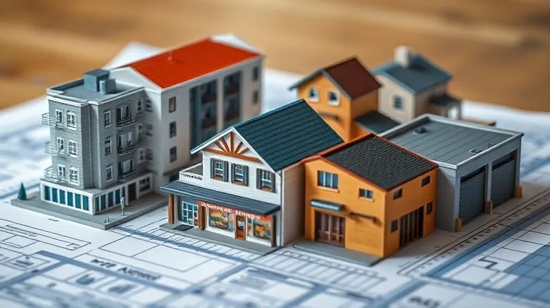 A photorealistic image of a diverse portfolio of miniature buildings and houses, including a modern apartment complex, a suburban home, a small commercial storefront, and an industrial warehouse, all neatly arranged on a blueprint. Cinematic lighting, sharp focus on the architectural details, depth of field blurring the background, 8K hyper-detailed, professional photography, shot on a high-end DSLR.
