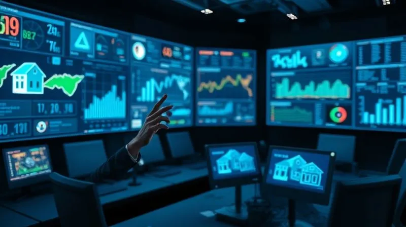 A photorealistic image of a futuristic control room with multiple holographic screens displaying complex real estate data visualizations: heatmaps of property values, interactive charts of market trends, and 3D models of urban development. A skilled analyst, in sharp focus, gestures towards a screen, cinematic lighting, depth of field blurring the background, 8K hyper-detailed, professional photography, shot on a high-end DSLR.