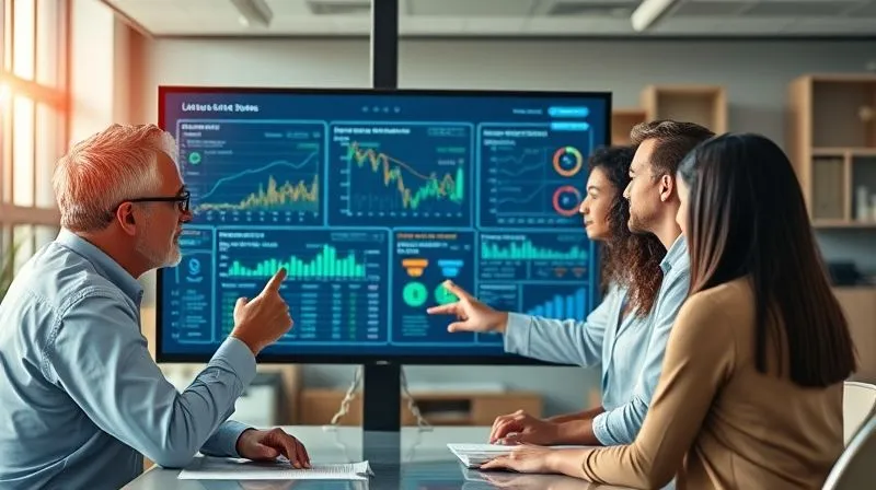 A photorealistic image of a diverse, professional team collaborating around a large monitor displaying complex data visualizations related to financial transactions and risk scores. They are actively discussing and pointing at the screen in a modern, well-lit office. Cinematic lighting, sharp focus on the team and screen, depth of field. 8K hyper-detailed, professional photography, shot on a high-end DSLR.