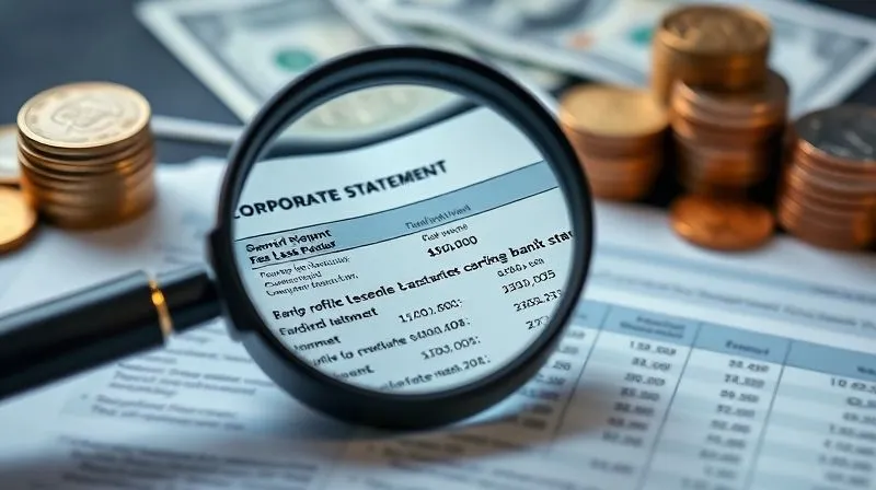 A photorealistic image of a magnifying glass hovering over a dense corporate bank statement, highlighting a section of complex fee codes and numerical figures. The background shows blurred stacks of coins and dollar bills, representing lost profits. Professional photography, 8K, cinematic lighting, sharp focus on the statement details, depth of field blurring the background, shot on a high-end DSLR.