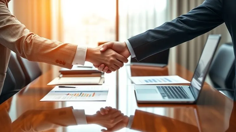 A photorealistic image of two business executives shaking hands across a polished conference table, with financial documents and a laptop open between them. The mood is professional and collaborative, with soft, strategic lighting. Professional photography, 8K, cinematic lighting, sharp focus on the handshake, depth of field blurring the background, shot on a high-end DSLR.