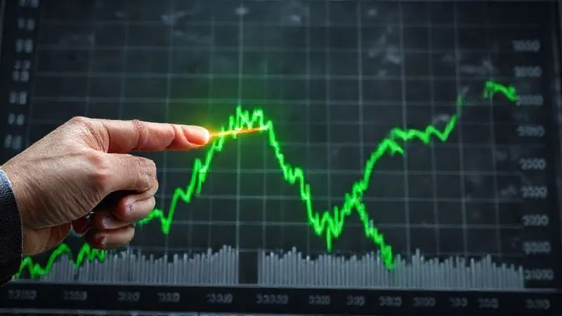 A photorealistic image of a detailed financial chart with a green line sharply dropping amidst a background of grey, indicating a failed green investment due to greenwashing. A hand is pointing at the drop with a red laser pointer, symbolizing a critical discovery and the identification of deception. Cinematic lighting, sharp focus, depth of field. 8K hyper-detailed.