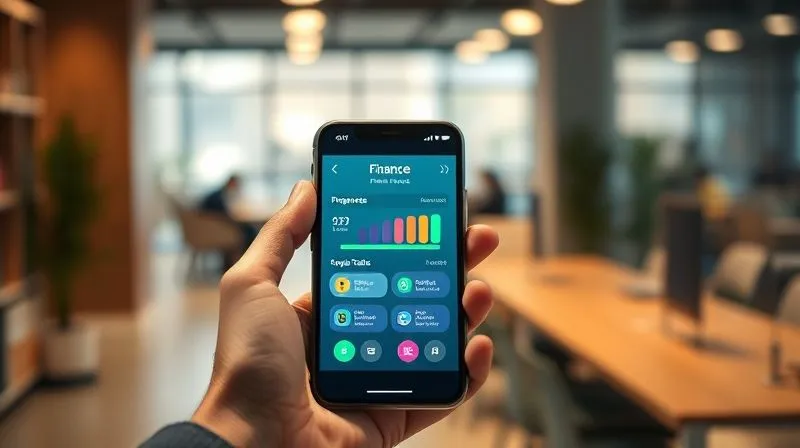 A photorealistic, vibrant image of a smartphone displaying a gamified finance app. The screen shows progress bars, colorful badges, and points being earned for financial tasks, with a smiling user's hand holding the phone. The background is a blurred, modern office environment. Professional photography, 8K, cinematic lighting, sharp focus on the phone screen, depth of field, shot on a high-end DSLR.