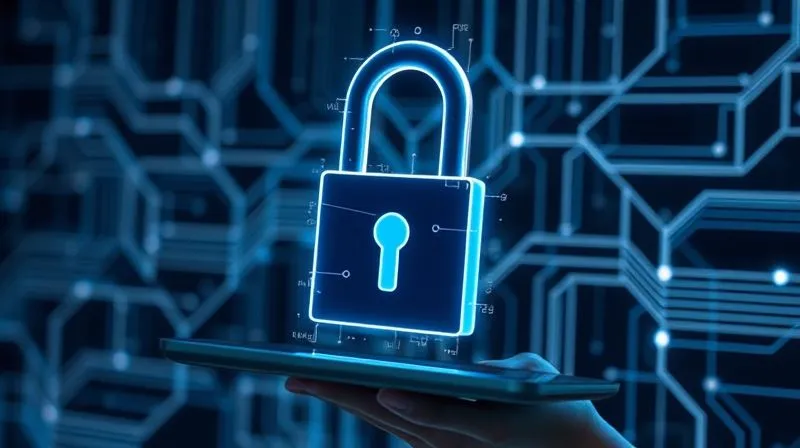 A photorealistic image of a digital padlock icon superimposed over a complex network of glowing data lines, symbolizing robust cybersecurity and data protection. The background is dark and futuristic, with a subtle human hand interacting with a tablet. Professional photography, 8K, cinematic lighting, sharp focus on the padlock, depth of field, shot on a high-end DSLR.