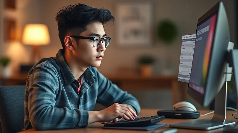 A photorealistic image of a student sitting at a desk, looking thoughtfully at a computer screen displaying a tax form with various income fields and a calculator beside it, cinematic lighting, sharp focus on the student's face, depth of field blurring the background, 8K hyper-detailed.