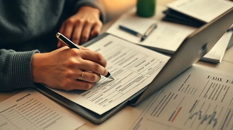 A photorealistic, close-up shot of a student's hands meticulously filling out a digital tax form on a laptop, with a pen poised over a paper document for reference, surrounded by neatly organized financial papers, warm, focused lighting, 8K hyper-detailed.