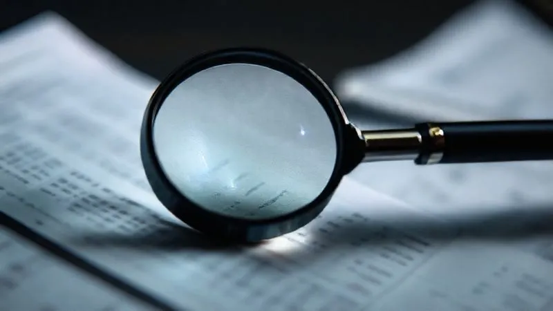 Photorealistic, professional photography, 8K, cinematic lighting, sharp focus, depth of field, shot on a high-end DSLR of a magnifying glass hovering over a series of blurred financial statements, with a single, subtle red flag sticker on one corner, symbolizing hidden warning signs. The focus is on the magnifying glass and the hint of the red flag.
