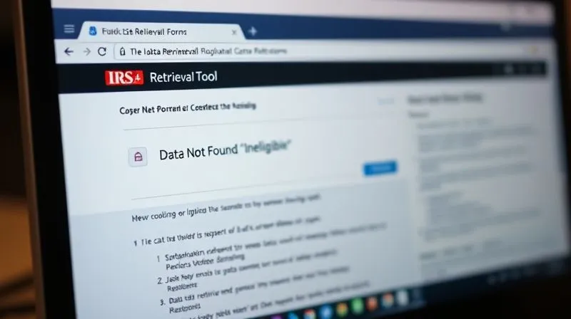A photorealistic close-up of a computer screen displaying the IRS Data Retrieval Tool interface, with a blurred FAFSA form in the background. The screen shows a 'Data Not Found' or 'Ineligible' message, indicating a common limitation. Cinematic lighting, sharp focus on the screen, depth of field, 8K, professional photography.