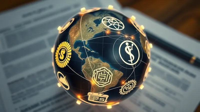 A photorealistic, professional photography, 8K, cinematic lighting, sharp focus, depth of field, shot on a high-end DSLR, of a globe overlaid with glowing lines connecting various financial regulatory symbols (e.g., SEC, FCA, MAS logos stylized as light forms), emphasizing global compliance and interconnectedness. The background shows blurred legal documents.
