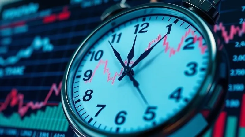 A photorealistic, professional photography, 8K, cinematic lighting, sharp focus, depth of field, shot on a high-end DSLR image. A jagged, volatile stock market graph with sharp peaks and troughs, overlaid with a clock face whose hands are spinning rapidly, symbolizing the difficulty of market timing. The background is a slightly blurred financial news ticker. No text or logos.