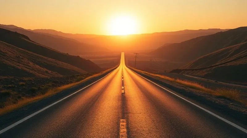 A photorealistic, professional photography, 8K, cinematic lighting, sharp focus, depth of field, shot on a high-end DSLR image. A long, winding road disappearing into a bright, hopeful horizon at sunrise, symbolizing a clear and confident financial path forward. The road is well-maintained, with gentle slopes, and the sun casts a warm, encouraging glow. No text or logos.