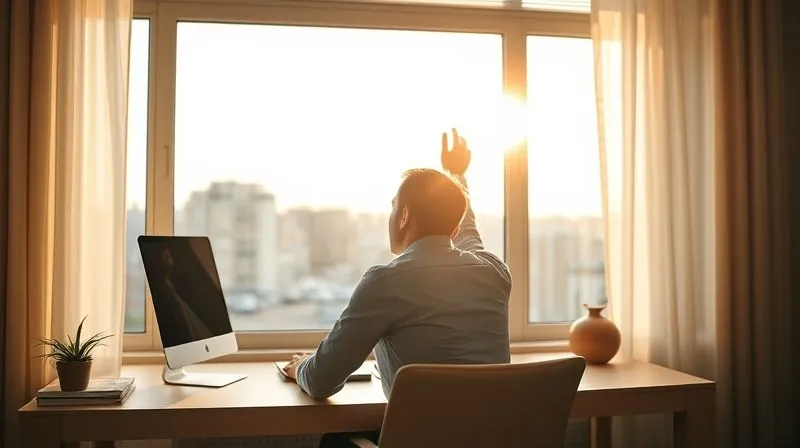 A photorealistic image of a person sitting at a desk, looking out a window with a sense of relief and accomplishment, the sun shining through, after making a difficult financial decision about their future. Professional photography, 8K, cinematic lighting.