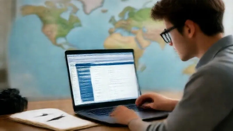 A focused solo traveler, wearing glasses, meticulously studying a laptop screen filled with various booking website tabs and review forums, with a pen and notebook beside them. The background is a blurred map of the world. Photorealistic, professional photography, 8K, cinematic lighting, sharp focus, depth of field, shot on a high-end DSLR.