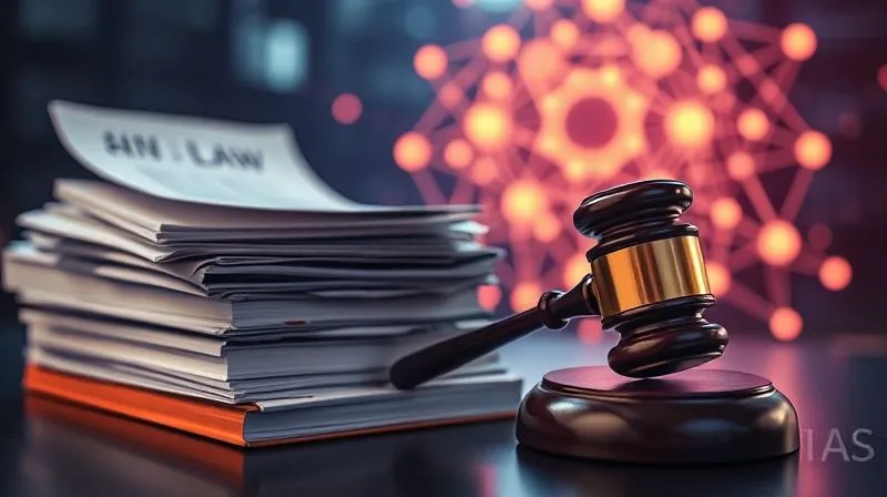 A photorealistic image of a stack of legal documents and a gavel next to a glowing, abstract neural network diagram, symbolizing the intersection of law and AI, professional photography, 8K, cinematic lighting, sharp focus, depth of field.