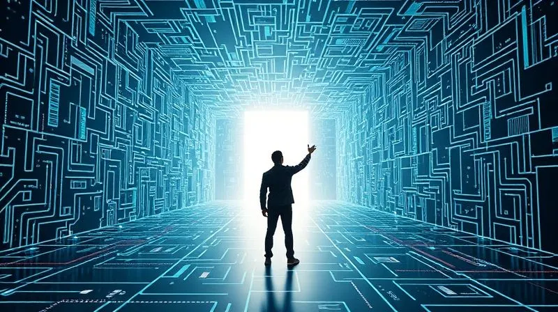 A photorealistic image of a lone figure standing before a complex, glowing digital labyrinth, reaching out to touch a clear, illuminated pathway emerging from the complexity, symbolizing overcoming AI implementation challenges, professional photography, 8K, cinematic lighting, sharp focus, depth of field.