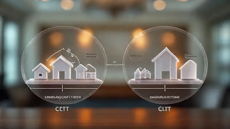 A photorealistic, professional photography, 8K, cinematic lighting, sharp focus, depth of field. An intricate 3D infographic illustrating the flow of assets within a Charitable Remainder Trust (CRT) and a Charitable Lead Trust (CLT). One side shows assets flowing to beneficiaries then charity (CRT), the other shows assets flowing to charity then beneficiaries (CLT), with clear labels for 'tax benefits' and 'income stream.' The visual should be elegant and easy to understand.