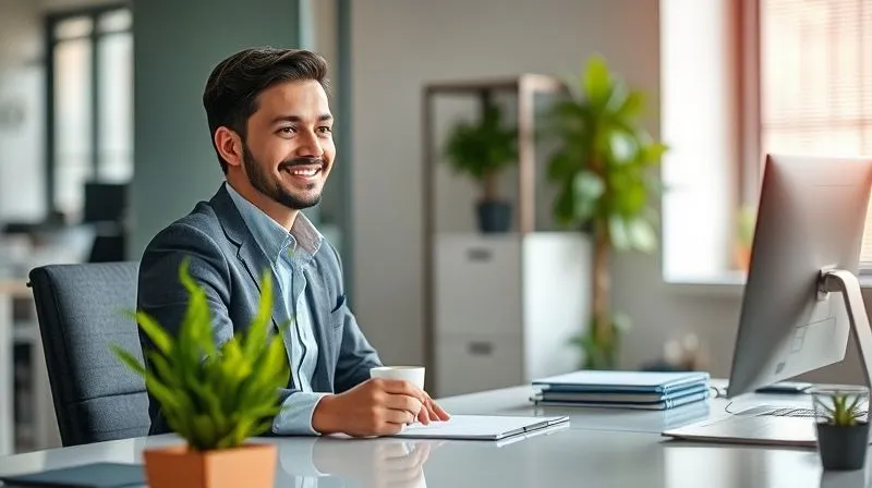 A professional in smart-casual attire, sitting at a clean, organized desk, looking refreshed and focused. A small, vibrant plant is on the desk, and a travel souvenir subtly placed nearby. The person is smiling gently, perhaps sipping a cup of herbal tea. The lighting is soft and natural, indicating a calm start to the day. Photorealistic, professional photography, 8K, cinematic lighting, sharp focus on the professional, depth of field blurring the office background, shot on a high-end DSLR.
