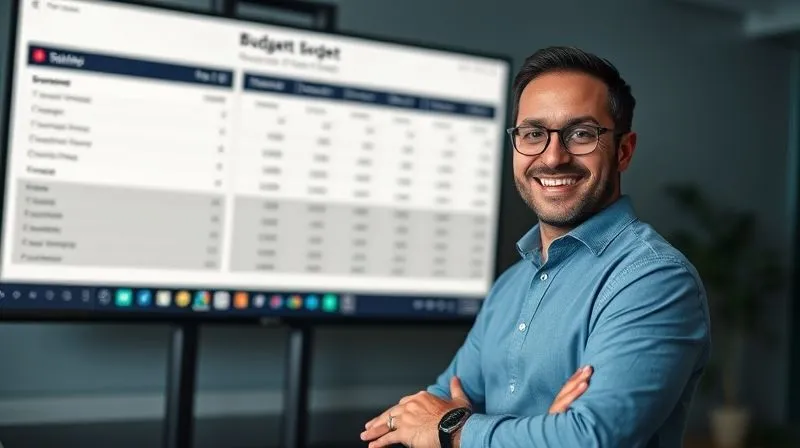A photorealistic image of a financial analyst confidently presenting a clear, well-structured budget forecast on a large screen, showing stable recurring expenses. The analyst is smiling, conveying success and confidence. Professional photography, 8K, cinematic lighting, sharp focus on the analyst and screen, depth of field, shot on a high-end DSLR.