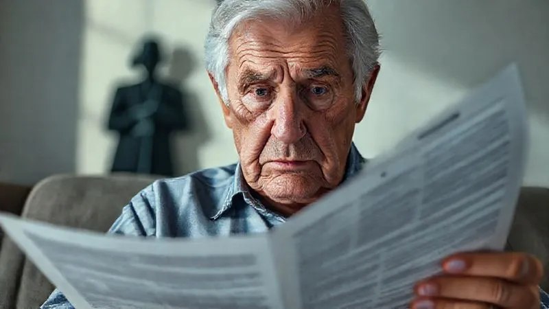 A photorealistic image of a confused elderly person looking at a complex financial document filled with jargon, with shadows of predatory figures subtly in the background, cinematic lighting, sharp focus on the confusion, depth of field, 8K hyper-detailed, professional photography.