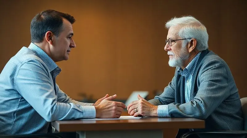 A photorealistic, professional photography, 8K, cinematic lighting, sharp focus, depth of field, shot on a high-end DSLR. Image of a financial advisor actively listening with empathy to an elderly client, who appears comfortable and engaged in conversation. They are sitting across a desk, with open, clear body language, suggesting trust and transparency. Warm, soft lighting.