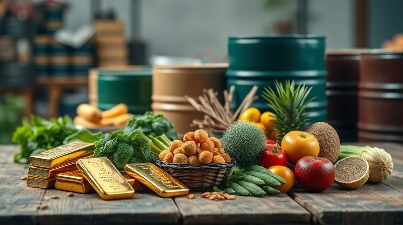 A photorealistic, professional photography, 8K, cinematic lighting, sharp focus, depth of field, shot on a high-end DSLR, depicting a diverse array of commodities – glistening gold bars, crude oil barrels, and fresh agricultural produce – arranged on a sturdy wooden table, with a blurred background showing a vibrant, expanding economy.