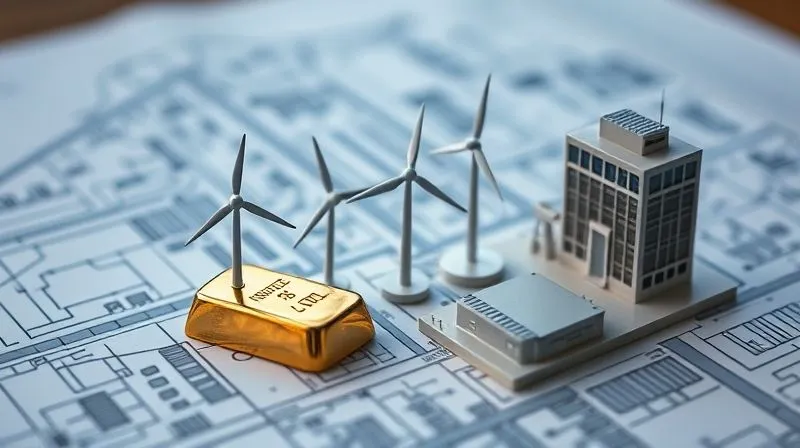 A photorealistic, professional photography, 8K, cinematic lighting, sharp focus, depth of field, shot on a high-end DSLR, depicting a diverse set of investment symbols: a gleaming gold bar, miniature wind turbines, and a small, intricate model of a data center, all arranged on a blueprint of a city, symbolizing strategic alternative investments.