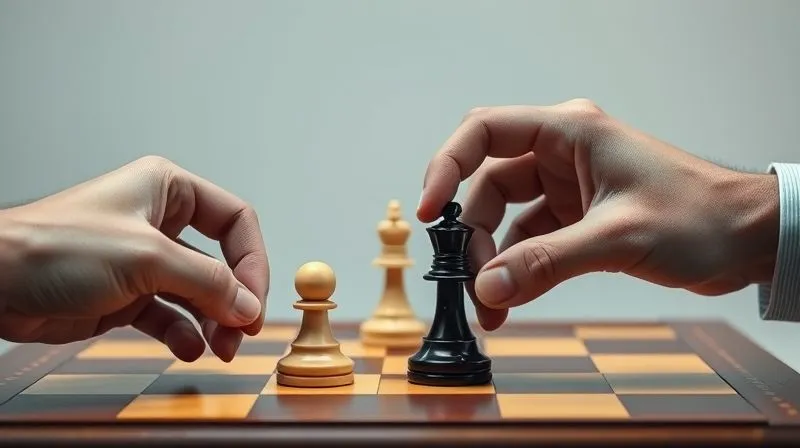 A photorealistic, professional photography, 8K, cinematic lighting, sharp focus, depth of field, shot on a high-end DSLR, depicting two contrasting hands on a chessboard: one hand making a hasty, panicked move, and another, calmer hand, deliberating a strategic, long-term play. The board is slightly blurred to emphasize the hands and their contrasting actions.